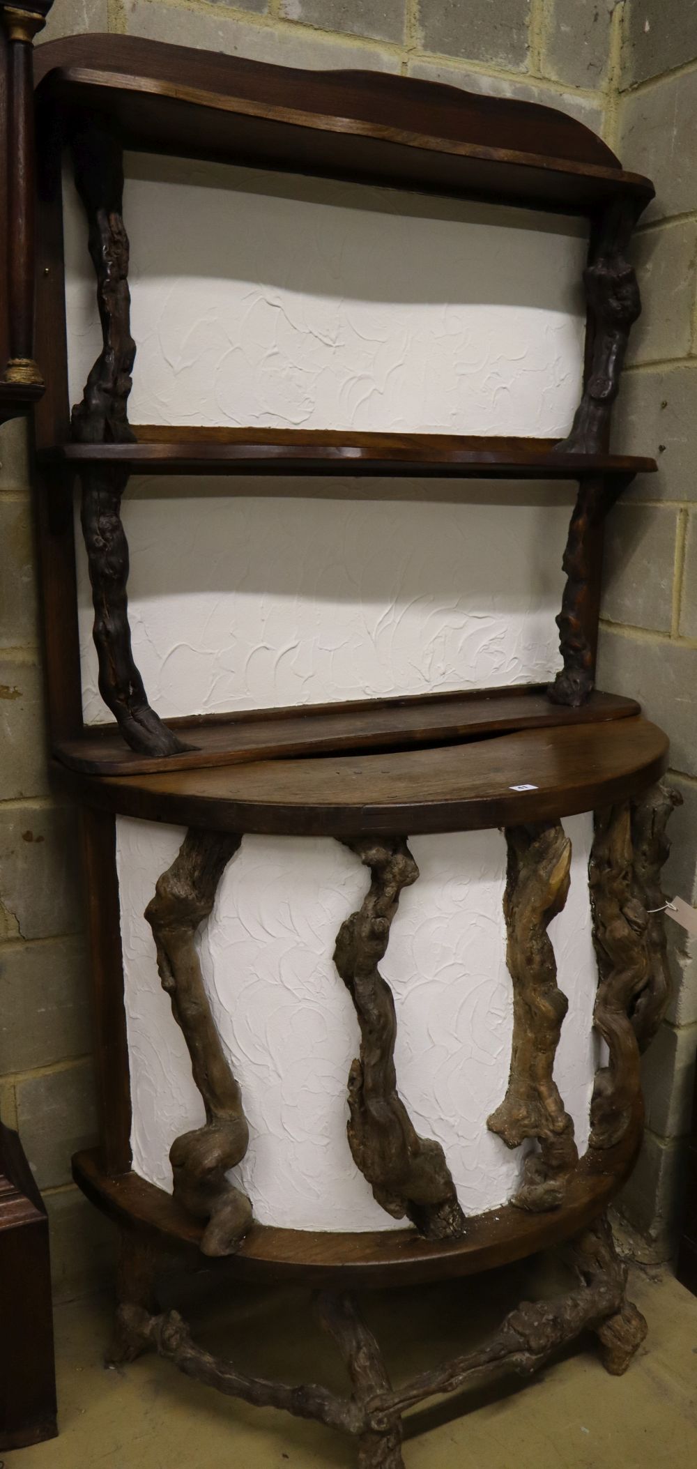 A vine root bar and wall rack, larger width 100cm height 100cm
